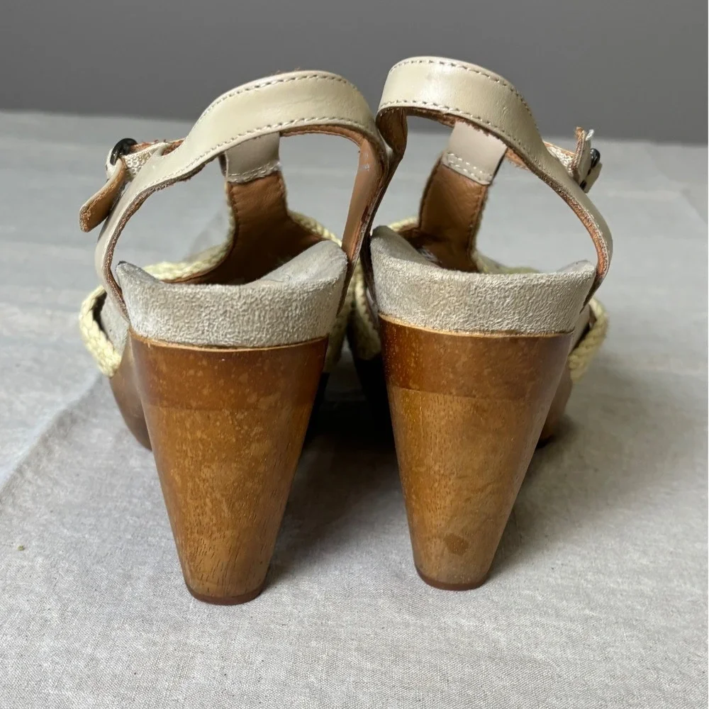 Earthies Boho Wood Heel Sandals 8B Retro Hippie Macrame Crochet Earthy